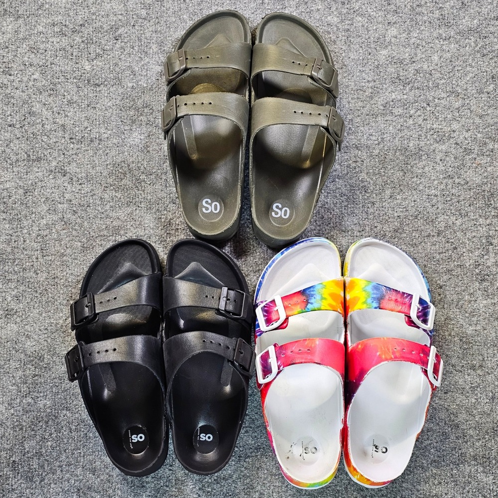 SO Womens EVA Double Strap Slide Sandals Bundle 3 Pairs Black Olive Tie Dye 10